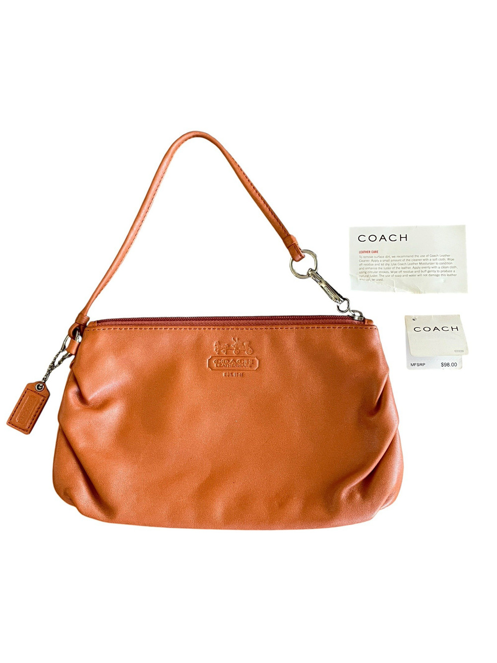 COACH 42647 Leatherware Tangerine Ali Capacity Wristlet Large Top Zip + Bag Tag